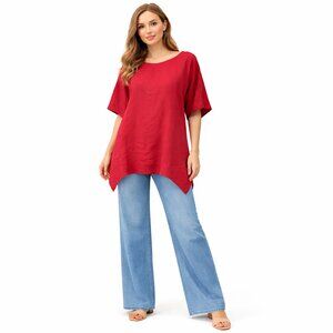 Tunic women's XL burgandy/raspberry linen asymetric hem high low lagenlook boho